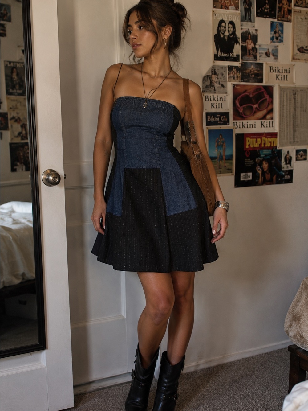 Tela Denim Midi Designer Dress with Navy Panels Strapless Size US Small Tie Back